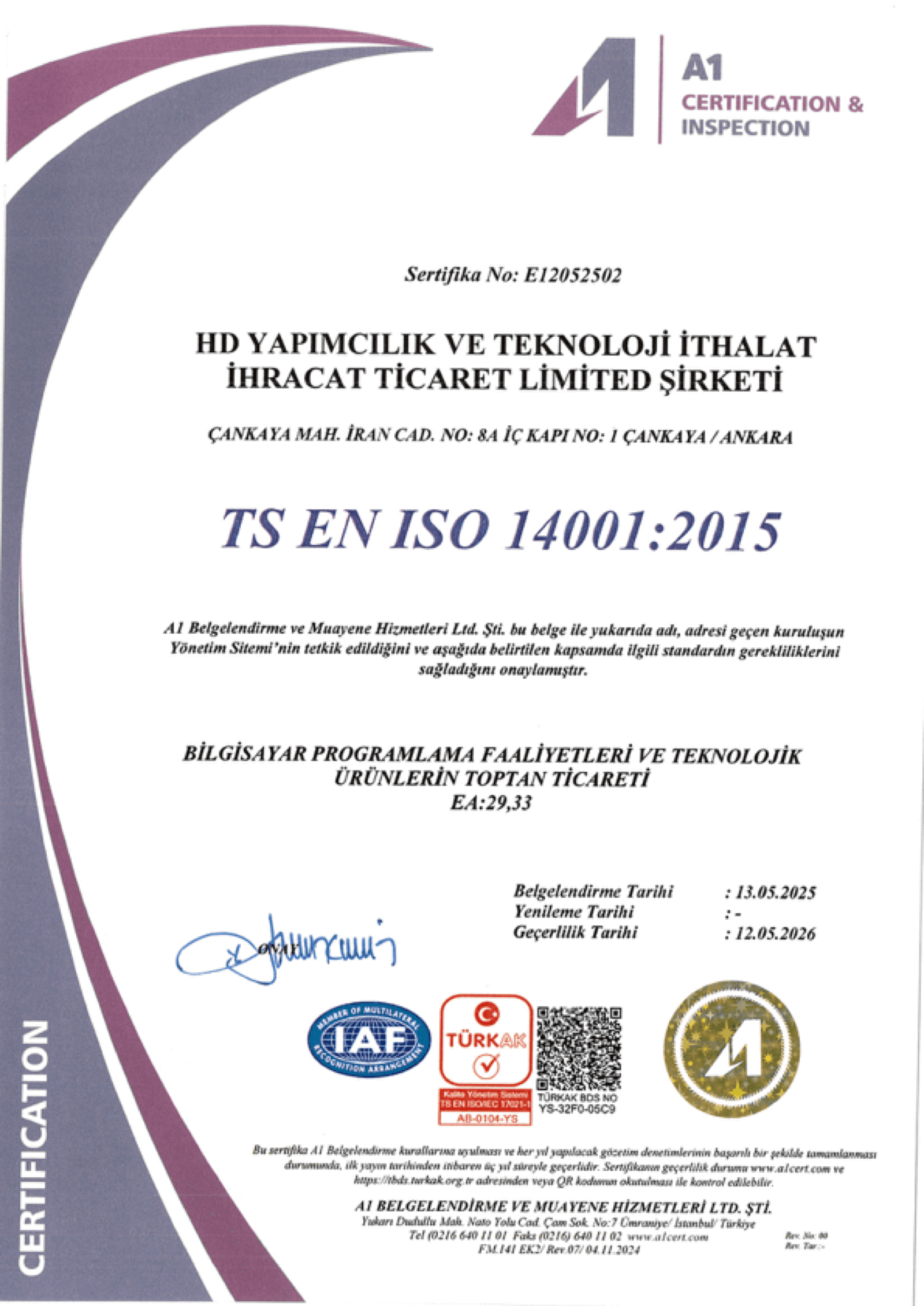 TS EN ISO 14001:2015 — Çevre Yönetim Sistemi (E12052502)