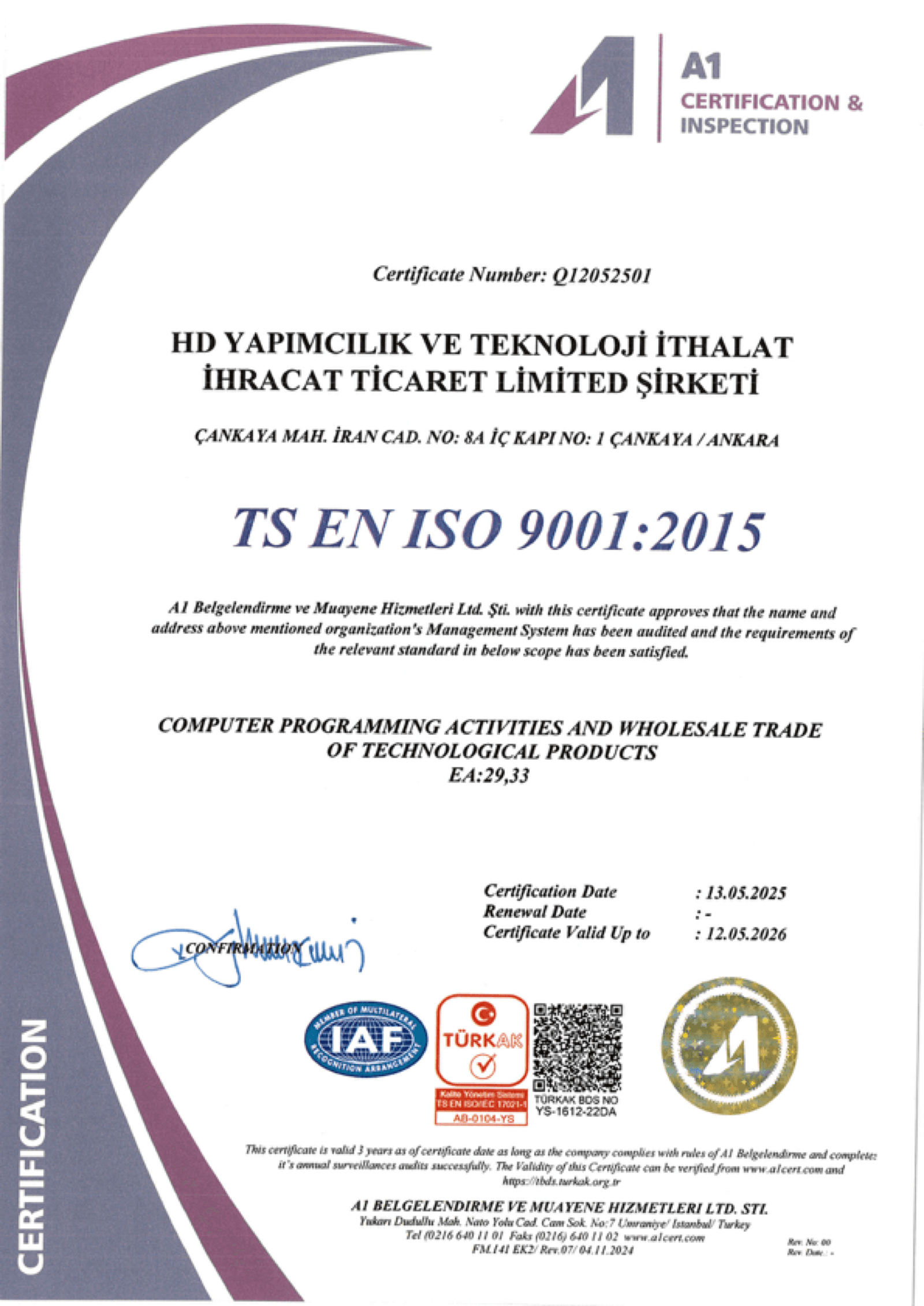 TS EN ISO 9001:2015 — Quality Management System (Q12052501)